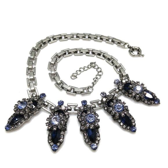 Vintage Blue Five Pendant Floral Statement Necklace, Rivoli Rhinestones, 20 Inch - Picture 3 of 8
